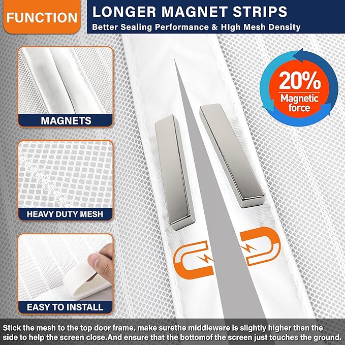 Magnetic Screen Door，Screen Door Mesh，Keep Bugs Out, Heavy-Duty Mesh Curtain,Pet and Kid Friendly, Works with Front Doors, Sliding Doors（47x80 Inch White