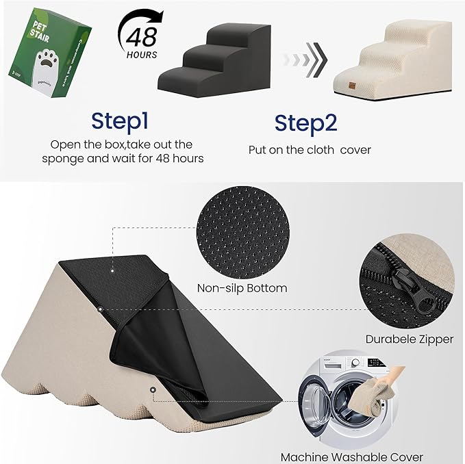 GoGoBunny Waterproof High Density Foam Curved Dog Stairs for High Beds Couches 19.7" H, 4-Step Ramp Dog Steps Friendly to Small Medium Dogs or Pets Joints, Non-Slip Balanced Durable Pet Step, Beige