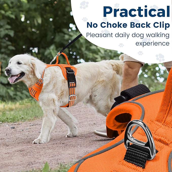 Funfox Dog Harness No Pull, Adjustable Pet Vest Harness, Super Soft Material with Vertical Handle Easy Control, Reflective Night Walking, 2 Leash Clips for Large Dogs, Orange, L