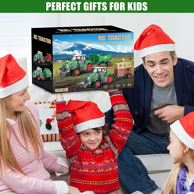 fisca Remote Control Tactor Toy Set & 33PSC Farm Vehicle Playset - Animal Figurines ,2.4GHz 1/24 Scale RC Tractor,Livestock Trailer, Fence with Light for Kids Age 4, 5, 6, 7 and Up Years Old