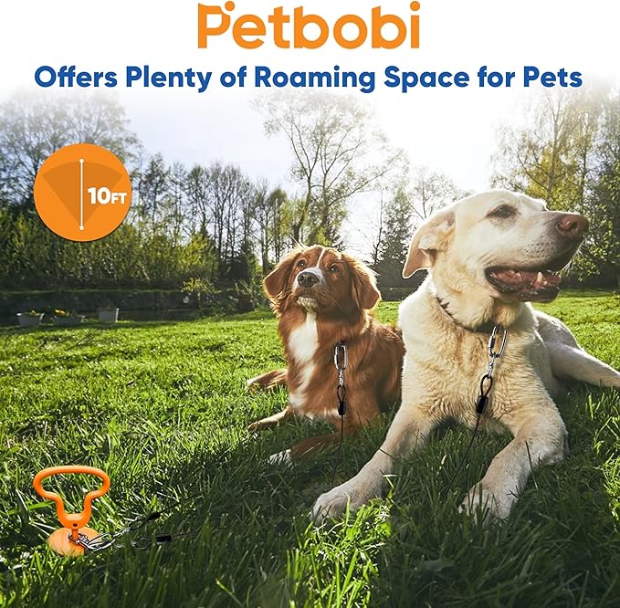 Petbobi Heavy Duty Dog Tie Out Cable and Stake - 10FT Steel Wire Dog Leads for Large Dogs Up to 300lbs, Anti Rust Spiral Stake with Strong Leash & 360° Swivel Hooks - Ideal for Yard, Outdoor & Camping