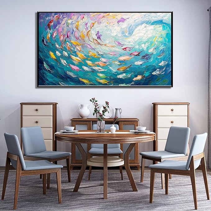 Fish Canvas Wall Art, Abstract School of Fish Canvas Wall Art, School of Fish Painting Canvas, School of Fish Wall Art, Fish Wall Decor, Fish Pictures Wall Decor, Bedroom Canvas Wall Decor (Black Framed, 30"x17" | 76x43cm)