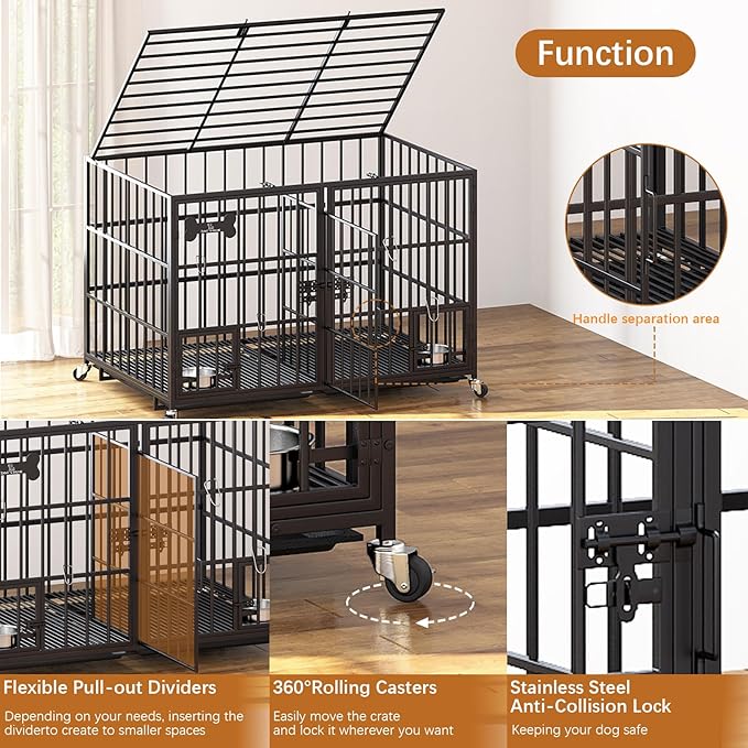 54 inch XL Dog Crate for Large Dog/Double Medium Dogs,Heavy Duty Metal Dog Cages,All Metal Open Top,Dog Kennel Indoor with Wheels,Floor Grid, Tray, Divider and Feeding Bowl