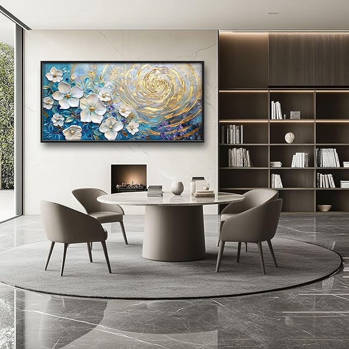 Flower Large Wall Art White Floral Pictures Abstract Golden Spiral Texture Wall Decor Canvas Print Painting Artwork for Bathroom Living Room Bedroom 60L" x 30W"