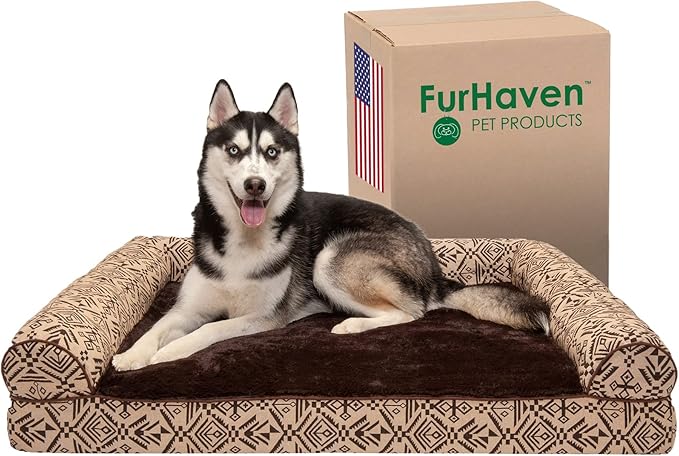 Furhaven Orthopedic Dog Bed for Large Dogs w/ Removable Bolsters & Washable Cover, For Dogs Up to 95 lbs - Plush & Southwest Kilim Woven Decor Sofa - Desert Brown, Jumbo/XL