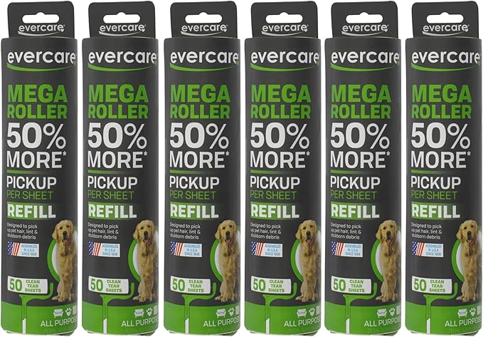 Evercare Pack of 6 10" Wide Large Surface Mega Pet Roller Refill, 50 Sheets Each (300 Sheets Total)