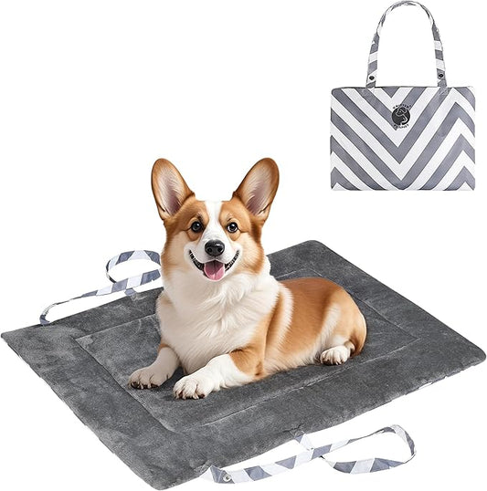 Kritter Planet Waterproof Foldable Dog Bed Pad for Camping & Travel, Portable Roll-Up Dog Bed Car Seat Pet Cushion Mat with Handles for Small & Medium Dogs, Indoor & Outdoor Use, Grey Chevron Striped
