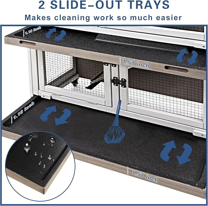 36" L Guinea Pig Cages Wooden, 2 Story Rabbit Cage Indoor Guinea Pig Habitat on 4 Metal Wheels and 2 Deeper Pull-Out Trays, Ramp, Leak Proof Guinea Pig Cages Indoor Small Animal Cage, Grey