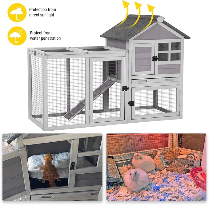 Aivituvin Rabbit Hutch Indoor Bunny Cage Outdoor with Run Chicken Coop Guinea Pig House with Waterproof Asphalt Roof,No Leakage Pull Out Tray (103.2" L x 25.2" W x 36.2" H, Grey-2 Sets)