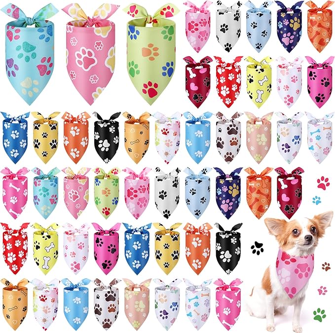 Abbylike 50 Pcs Paw Print Dog Bandanas Bulk Soft Triangle Scarves for Pets Party Costume Doggie Walking Photo Props Bibs for Pets Shops Adoption Events Halloween Party Gifts(19.7 x 13.8 x 13.8 Inch)
