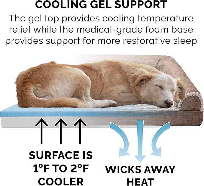 Furhaven Cooling Gel Dog Bed for Large Dogs w/ Removable Bolsters & Washable Cover, For Dogs Up to 95 lbs - Luxe Faux Fur & Performance Linen Sofa - Woodsmoke, Jumbo/XL