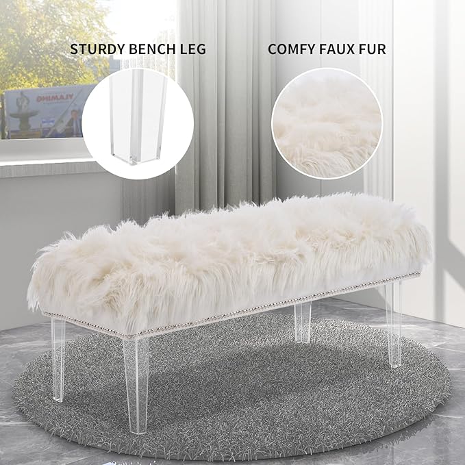 46 Inch White Bedroom Bench, Benches for Bedroom White Faux Fur Upholstered Bed end Bench, Tufting Ottoman Bench Indoor Bench with Acrylic Legs for Living Room Bedroom Entryway
