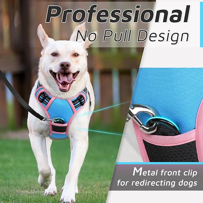 Eagloo Dog Harness for Large Dogs, No Pull Service Vest with Reflective Strips and Control Handle, Adjustable and Comfortable for Walking, No Choke Pet Harness with 2 Metal Rings, Pink & Blue, L