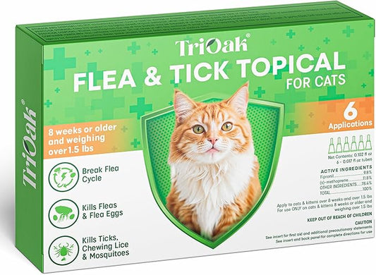 Flea and Tick Prevention for Cats: Flea & Tick Topical for Cats Over 1.5lbs, 6 Dose Flea and Tick Control/Prevention for 6 Months (6 Pack)