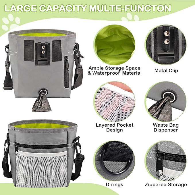 JIURUN Dog Treat Bag, Dog Training Kit - Treat Pouch, Pet Training Fanny Pack, Puppy Training Clicker, 2-in-1 Whistle Clicker, Collapsible Dog Bowl, 2 Dog Poop Bag（Gray）