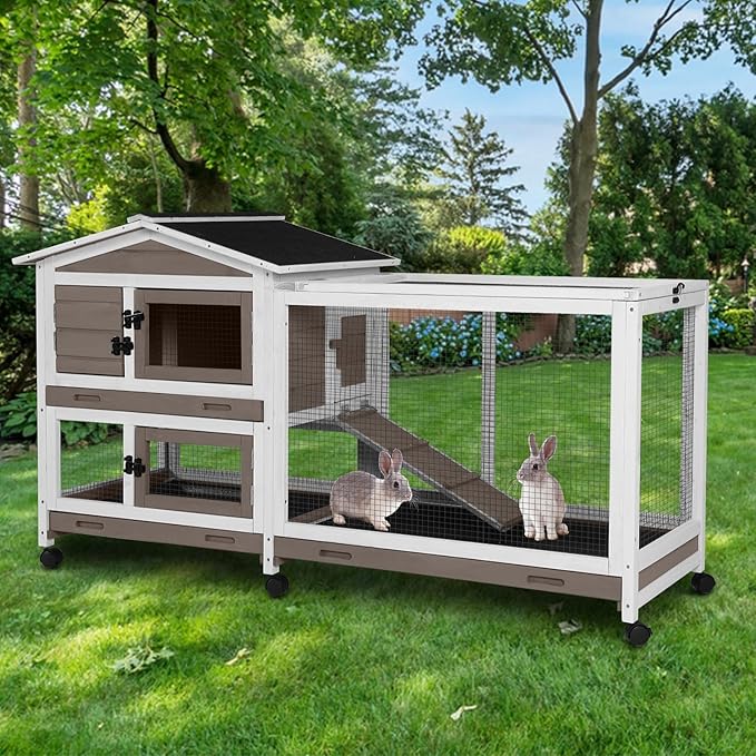 Aivituvin Rabbit Hutch Rabbit Cage Indoor with Casters Bunny Cage Outdoor for Small Animals with Pull-Out Tray