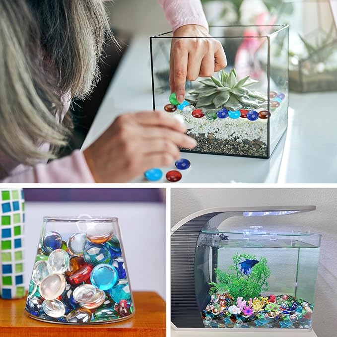 1LB Mixed Color Flat Glass Marbles for Vases, Mancala Stones Gemstone Beads Vase Filler Decorative Glass Pebbles for Fish Tank, DIY Crafts, Mosaics, Aquarium Decor Rocks, Candle Holders