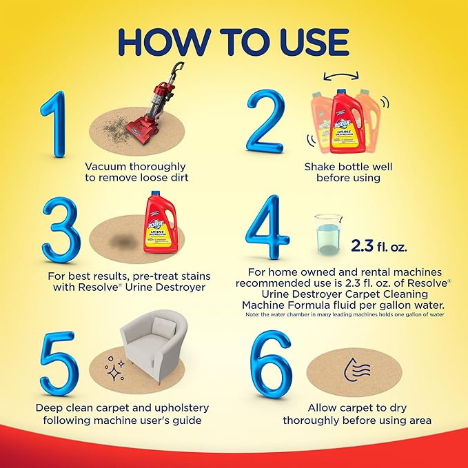Resolve Urine Destroyer Carpet Cleaning Machine Formula, Safe for Bissell, Hoover & Rug Doctor, Carpet Cleaner, Carpet Cleaner Solution, 96 OZ