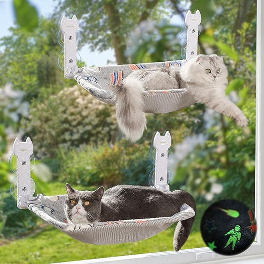 2 Pack Cat Window Perch, Glow in The Dark Foldable Cat Hammock with Sunken Design & Removable Soft Cover, Breathable Cordless Window Bed for Resting Indoor Kitten (Shallow Perch, 2 Pack - M)