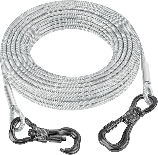 Tresbro 15FT Reflective Tie Out Cable for Dogs Up to 250 Pounds, Steel Wire Lead Leash Cable with Stainless Dual Fix Buckle, Lightweight and Enduring, Dog Chains Outside for Outdoor,Yard,Camping