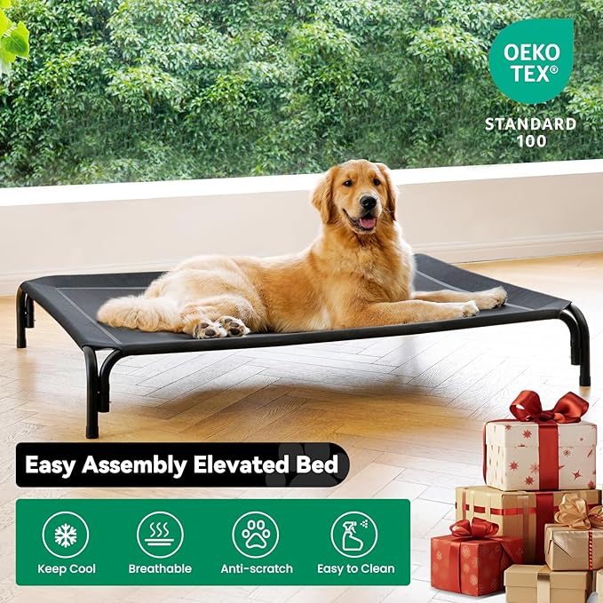Elevated Dog Bed Raised Outdoor Dog Cot for Large Dogs, Installation Requires No Tools, Frame with Washable Cooling Breathable Mesh Anti-Slip Feet, Indoor Pet Bed, Black, 43.3 Inches
