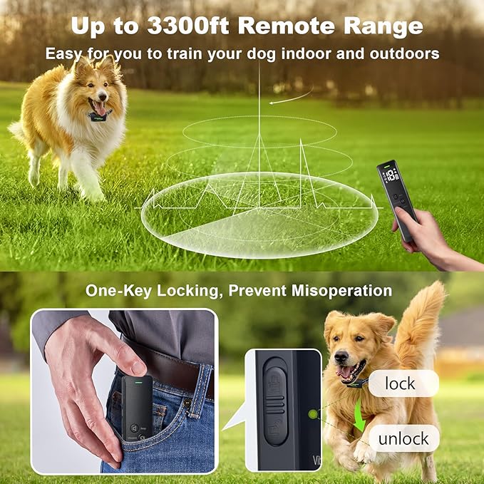 Shock Collar for Dogs with Remote Control, 3300FT Dog Training Collar with 3 Modes & Security Lock, IPX7 Waterproof & Rechargeable Dog Shock Collar for Large Medium Small Dogs 10-120lbs