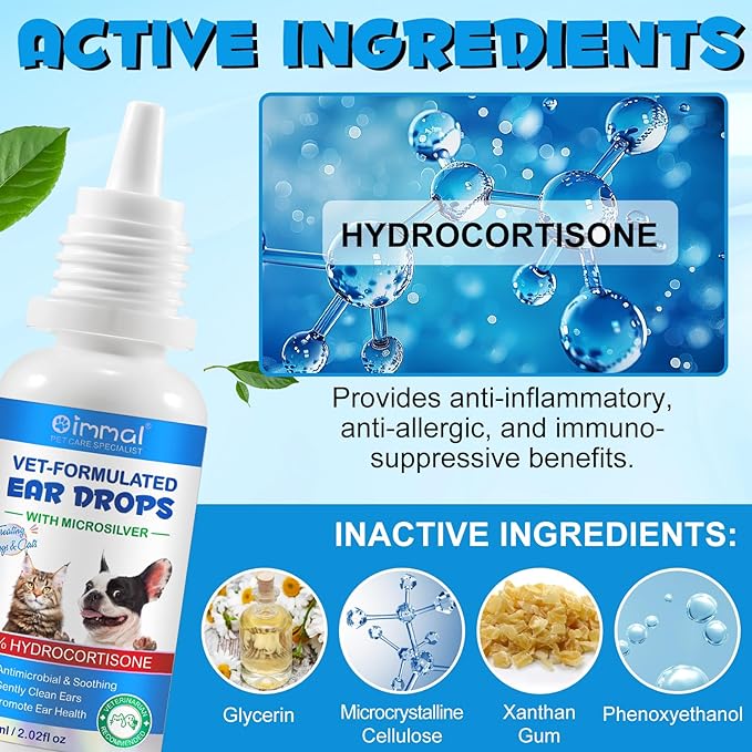 Ear Infection Treatment Drops for Dogs and Cats, Pets Ear Cleaning Solution Drops with 1% Hydrocortisone Soothing Dog Yeast Infection, Itchy Ear Relief, Pet Ear Care Supplies for Dogs & Cats - 2 fl oz