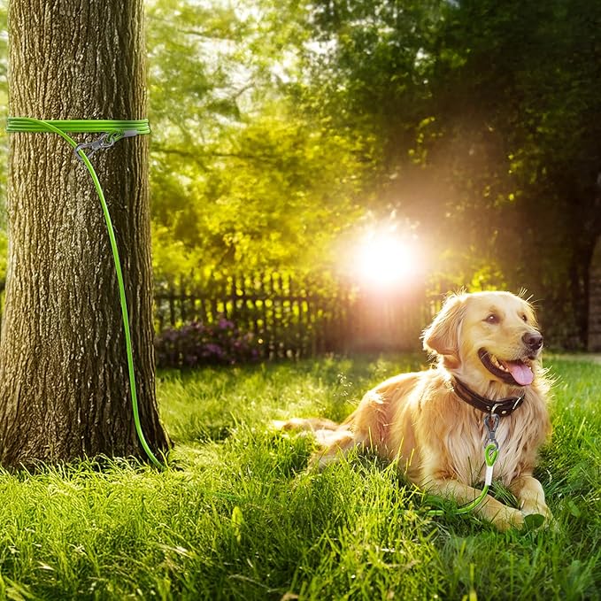 Tresbro 50FT Reflective Tie Out Cable for Dogs Up to 250 Pounds, Steel Wire Dog Leash Cable with Stainless Rotatable Buckle, Lightweight and Enduring, Dog Chains Outside for Outdoor Yard, Green