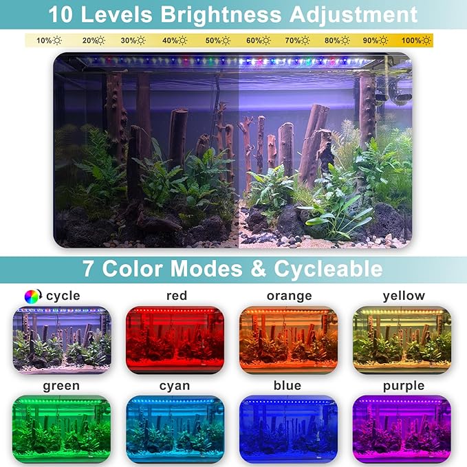 24/7 LED Aquarium Light, IP68 Waterproof Extendable Bracket Fish Tank Light with Timer, 7 Colors, 10 Level Adjustable Brightness, DIY Mode Full Spectrum Aquarium Plant Light for 18-24 Inch Fish Tank