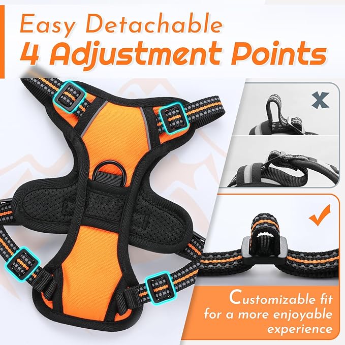 Eagloo Small Dog Harness No Pull, Service Vest with Reflective Strips and Control Handle, Adjustable and Comfortable for Easy Walking, No Choke Pet Harness with 2 Metal Rings, Orange, XS