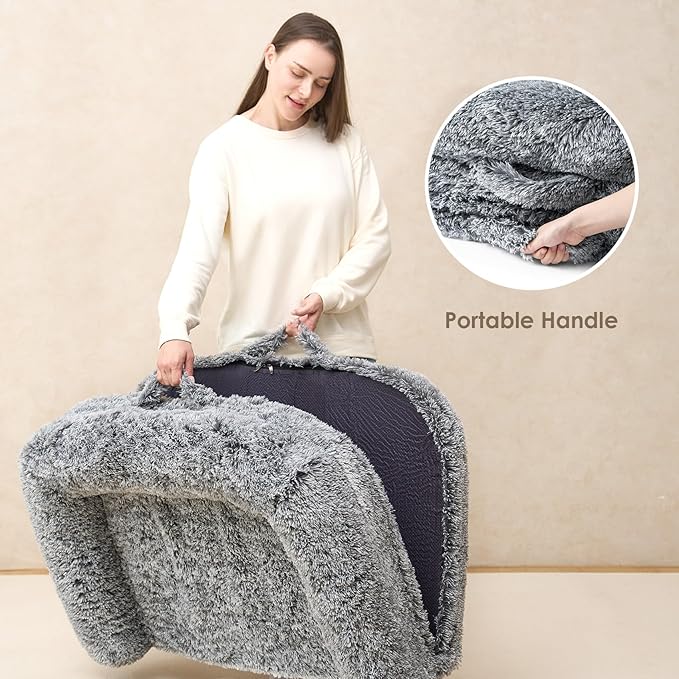 EHEYCIGA Foldable Dog Bed, Faux Fur Fluffy Dog Couch Bed, Orthopedic Calming Memory Foam Pet Bed for Small Dogs, Washable Soft Warm Pet Sofa Bed with Non-Slip Bottom, Grey, 40"x30"x6"