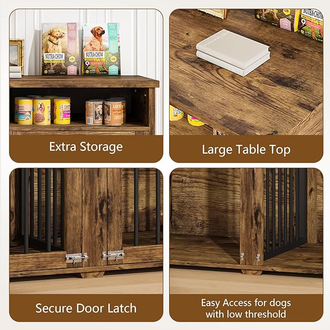 Furniture Dog Crate for 2 Dogs, 41 Inch Dog Kennel Furniture with Removable Divider and Shelf Storage, Wooden Dog Crate for Small/Medium Dogs, Rustic Brown