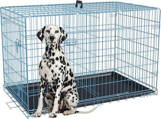 FDW Dog Crate for Large Dogs 48 Inch Folding Metal WirePet Cage Double Door W/Divider Panel Indoor Outdoor Kennel Leak-Proof Plastic Tray,Blue