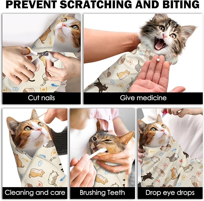 27.6"Cat Grooming Wrap, Self Adhesive Cat Wrap for Cutting Nails, Anti-Escape Calming Cat Swaddle Wrap for Medicine Ear Cleaning, Anti-Scratch Cats Burrito Restraint Blanket, Multifunctional Pet Tool