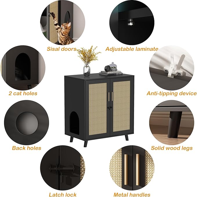 Lovinouse Large Cat Litter Box Enclosure,Hidden Kitty Litter Furniture with Sisal Covered Doors,2-Layer Wooden Cat Washroom Cabinet w/Adjustable Shelf, Side Table for Living Room,Black