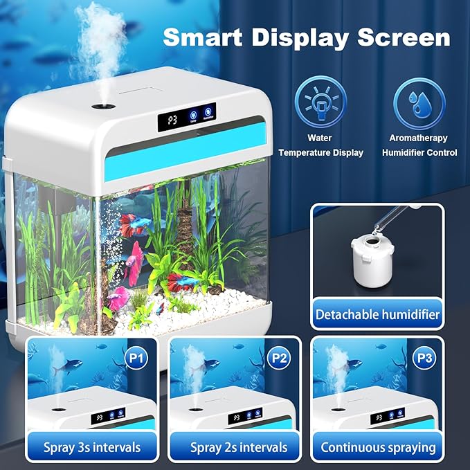 Fish Tank Aquarium 2.2 Gallon with 7 Color Auto-Looping Light, Fish Bowl with Humidifier 3 in 1 Pump - Filteration & Oxygenation & Circulation, Temperature Display, HD Float Glass, Thickened Base