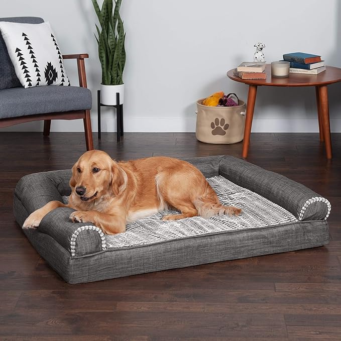 Furhaven Cooling Gel Dog Bed for Large Dogs w/ Removable Bolsters & Washable Cover, For Dogs Up to 95 lbs - Luxe Faux Fur & Performance Linen Sofa - Charcoal, Jumbo/XL