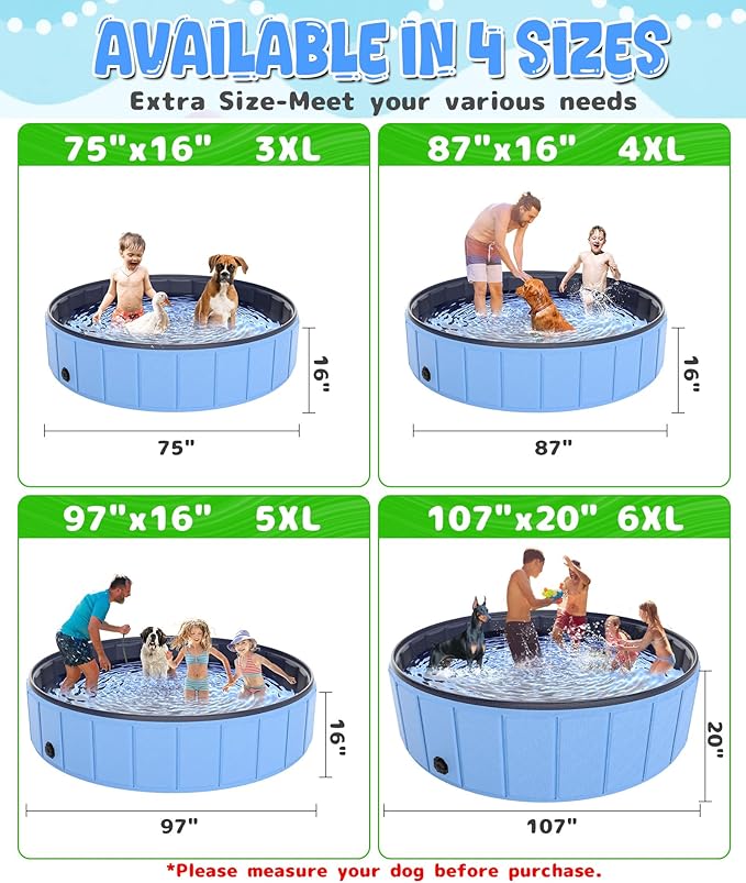 Giant Dog Pool 97"x16", Hyperzoo Foldable Dog Swimming Pool, Hard Plastic PVC Leakproof Doggie Wading Collapsible Pet Bathing Tub for Puppy Small Medium Large Dogs and Kids, Blue