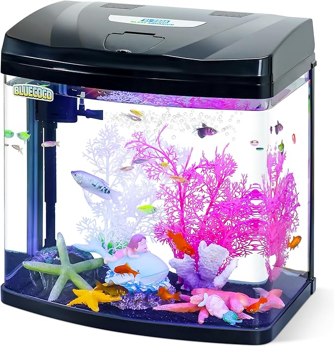 7 Gallon Glass Aquarium Starter Kit with Flip-Top Feeding Port for Betta Fish: Crystal Clear Viewing, Eco-Cycle Filtration, Air Pump, and LED Lighting