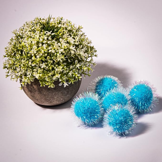 VAPKER 30 Pcs Cat Ball Toys Sparkle Balls Extra Large 2 Inch Cat's Favorite Chase Glitter Ball Glitter Tinsel Pom Poms Balls Light Blue Color