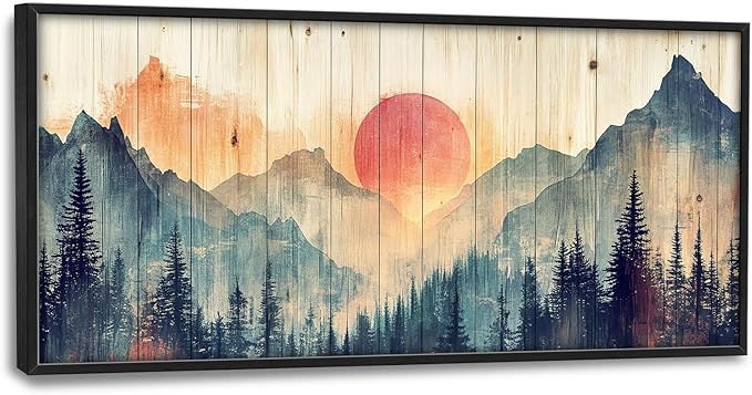 Framed Large Cabin Mountain Wall Art for Living Room, Oversized Rustic Forest Wall Decor, Rustic Nature Landscape Canvas Painting Sunset Pictures Home Decoration for Bedroom Office 60"x30"