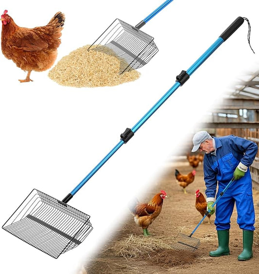 Large Chicken Poop Scooper & Rake: 22"-41" Extendable Long Handle Metal Chicken Coop Scooper with Detachable Heavy Duty Litter Sifting Shovel for Pet Waste | Chicken Coop Accessories