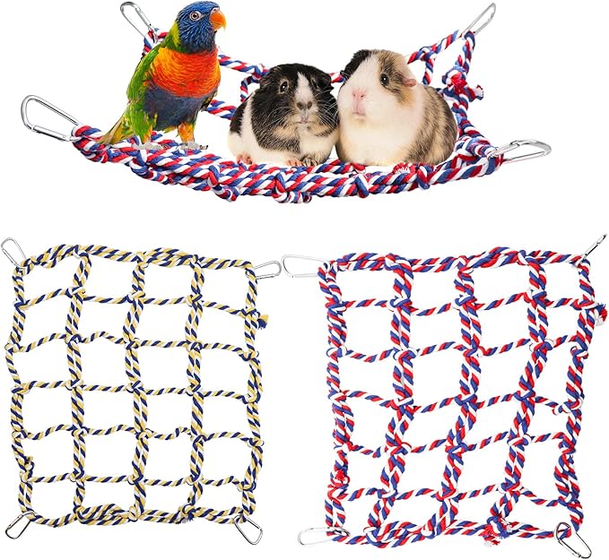 2 Pack Large Colorful Bird Rope Net, 14 × 10 Inches Rat Climbing Rope Net, Pet Hanging Hammock, Bird Ladder Rope Bridge, Small Animal Rope Net Toy, Cage Accessories for Rat Hamster Bird Ferret