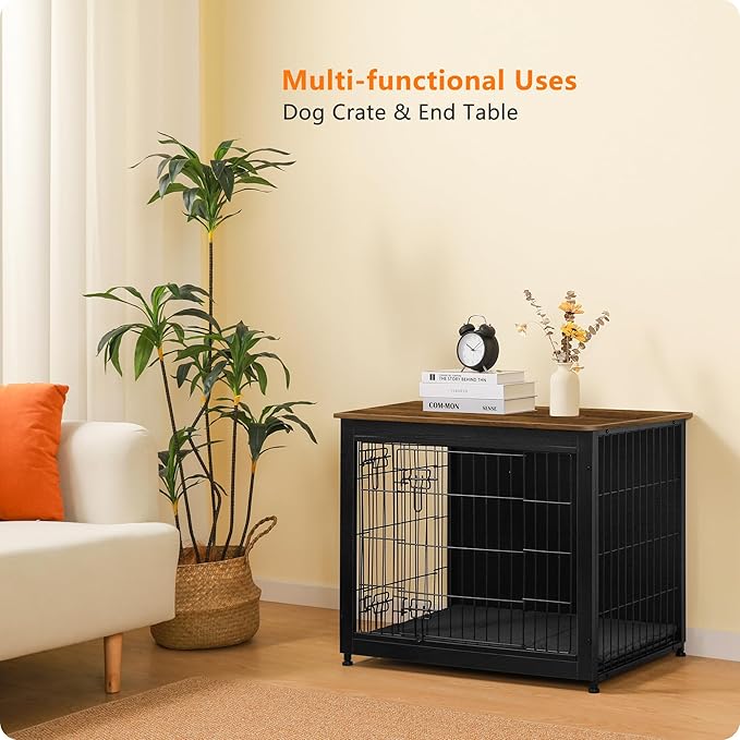 DWANTON Dog Crate Furniture with Cushion, Wooden Kennel Table with Double Doors, Indoor Dog House, Medium Size, 32.5" L, Black+Warm Brown