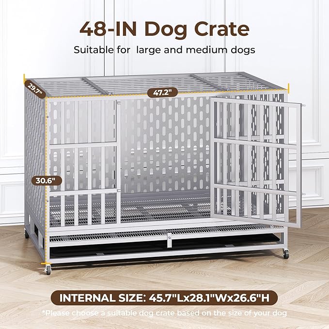 48 Inch Heavy Duty Indestructible Dog Crate Steel Escape Proof, Indoor Double Door High Anxiety Cage, Kennel with Wheels, Removable Tray,Silver,Extra Large XL XXL