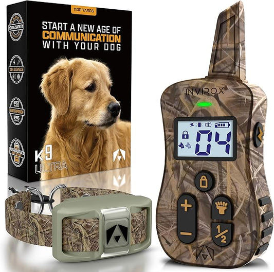 INVIROX Dog Shock Collar [Ultra K9 Hunting Series] 124 Training Levels, 4 Powerful Modes with Night-Light and ¾ Mile Range 100% Safe Dog Training Collar for Large Dogs IP67 Waterproof