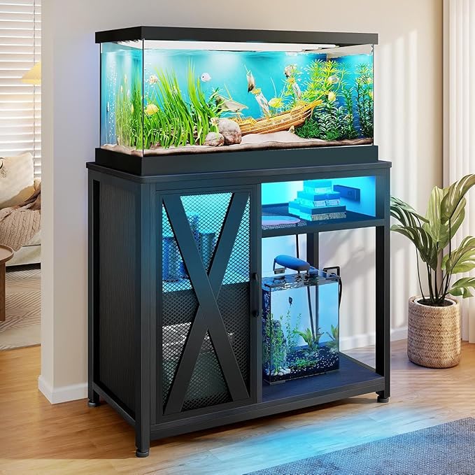 DWVO 40-50 Gallon Aquarium Stand with Power Outlets & LED Light, Cabinet for Fish Tank Accessories Storage - Metal Fish Tank Stand Suitable for Turtle Tank, Reptile Terrarium, 660LBS Capacity, Black
