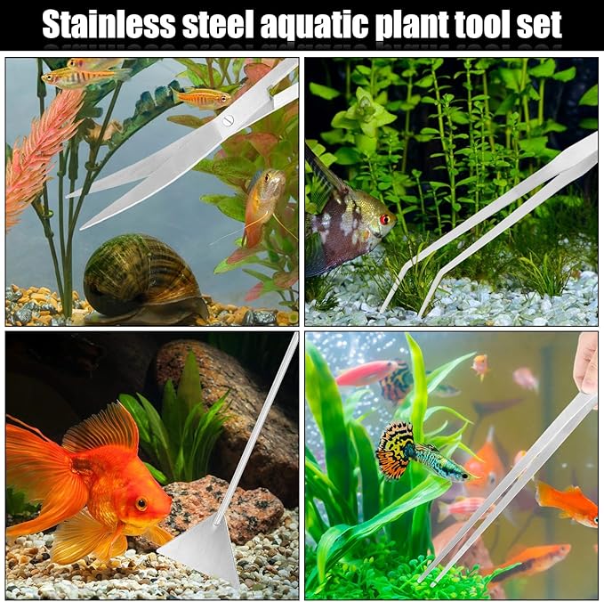15Inch Extra Long Design Aquarium Aquascaping Tool Stainless Steel Aquascape Tools Kit 4 in 1 Anti-Rust Fish Tank Starter Kit with Long Tweezers Scissors Spatula for Aquarium Plants (Silver)