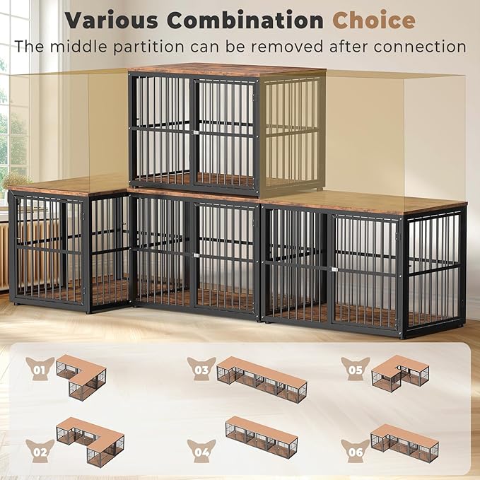 43'' Dog Crate Furniture with 3 Doors, XL Wooden Crate End Table Heavy Duty Indoor Puppy Cage for Medium to Large Dogs, Multiple Units Can be Combined