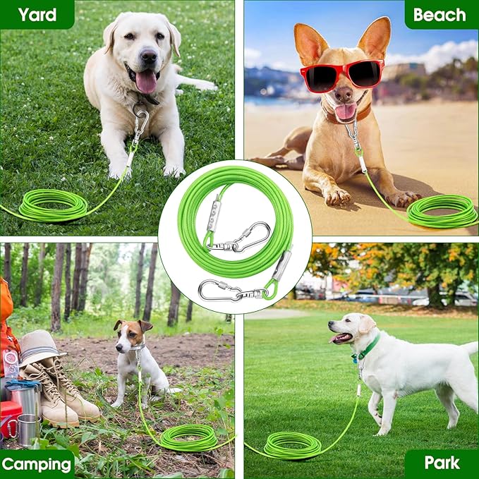 Dog Tie Out Cable for Outside,15FT Heavy Duty Dog Leash&Chains with Swivel Hook,Small-Large Dogs Runner Cable Up to 250lbs, Long Dogs Lead Line for Yard Outdoor and Camping(250lbs 15FT, Green)
